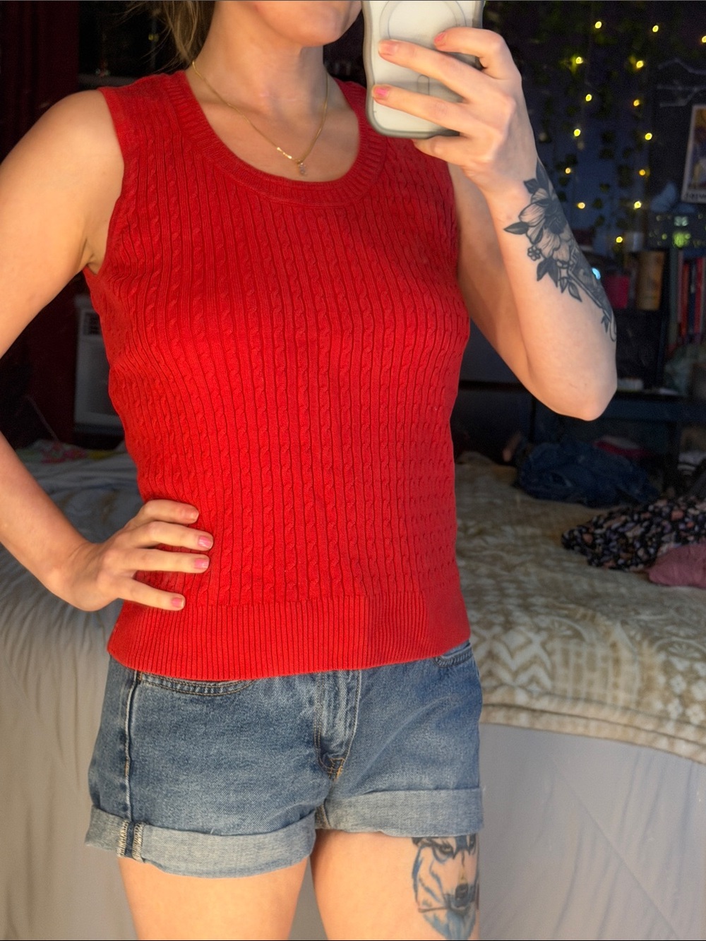 JEANNE PIERRE Red Cable-Knit Sleeveless Tank